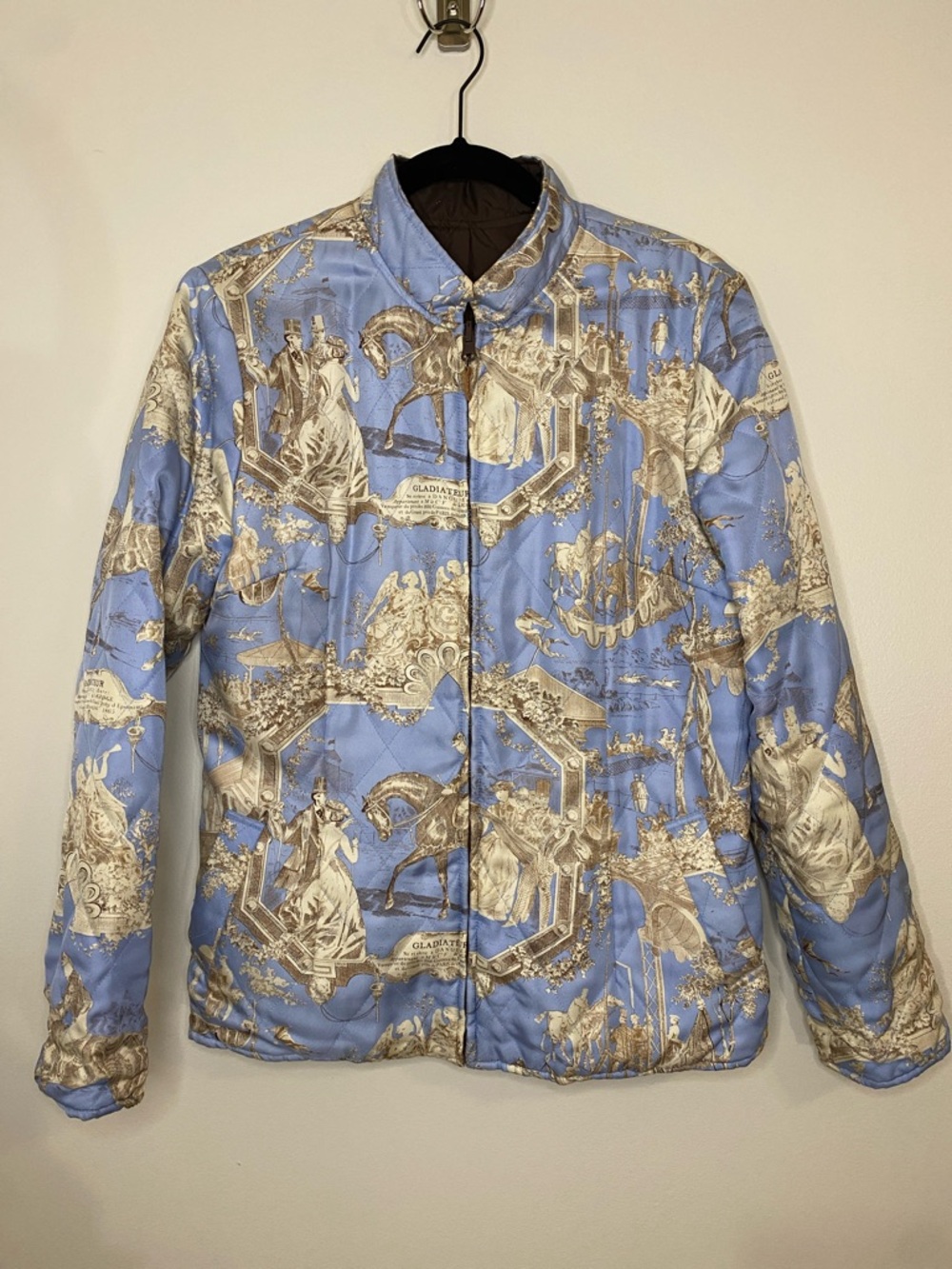 J. McLaughlin Light Blue Toile Reversible 100% Silk Quilted Puffer Jacket Med
